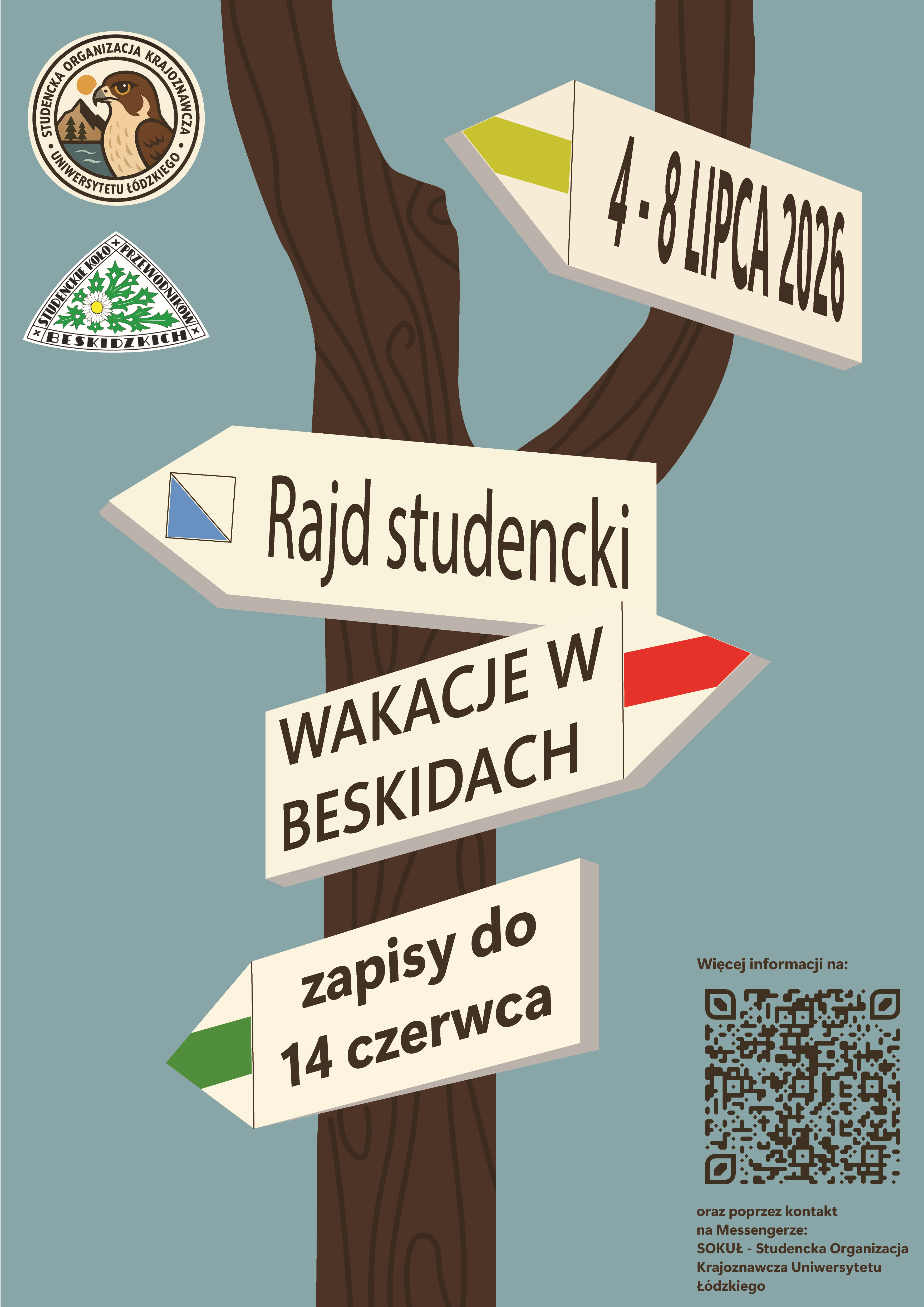 Plakat przedstawiający drogowskaz na szlaku górskim z napisami "wakacje w beskidach, rajd studencki, zgłoszenia do 14 czerwca"